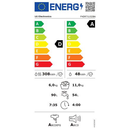 LG , Washing Machine with Dryer , F4DR711S2BA , Energy efficiency class A/D , Front loading , Washing capacity 11 kg , 1400 RPM , Depth 57 cm , Width 60 cm , Display , TFT , Drying system , Drying capacity 6 kg , Steam function , Direct drive , Wi-Fi , Bl