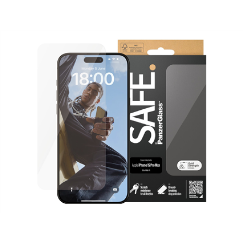 PanzerGlass , SAFE , Screen protector , Apple , Iphone15 PRO MAX , Glass , Clear , Ultra-Wide Fit
