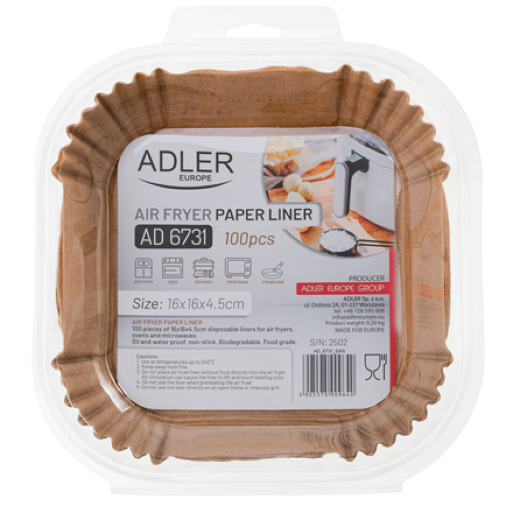 Adler , Paper Liners for Air Fryer , AD 6731 , 100 , Dimensions (W x L) 16 x 16 x 4.5 cm
