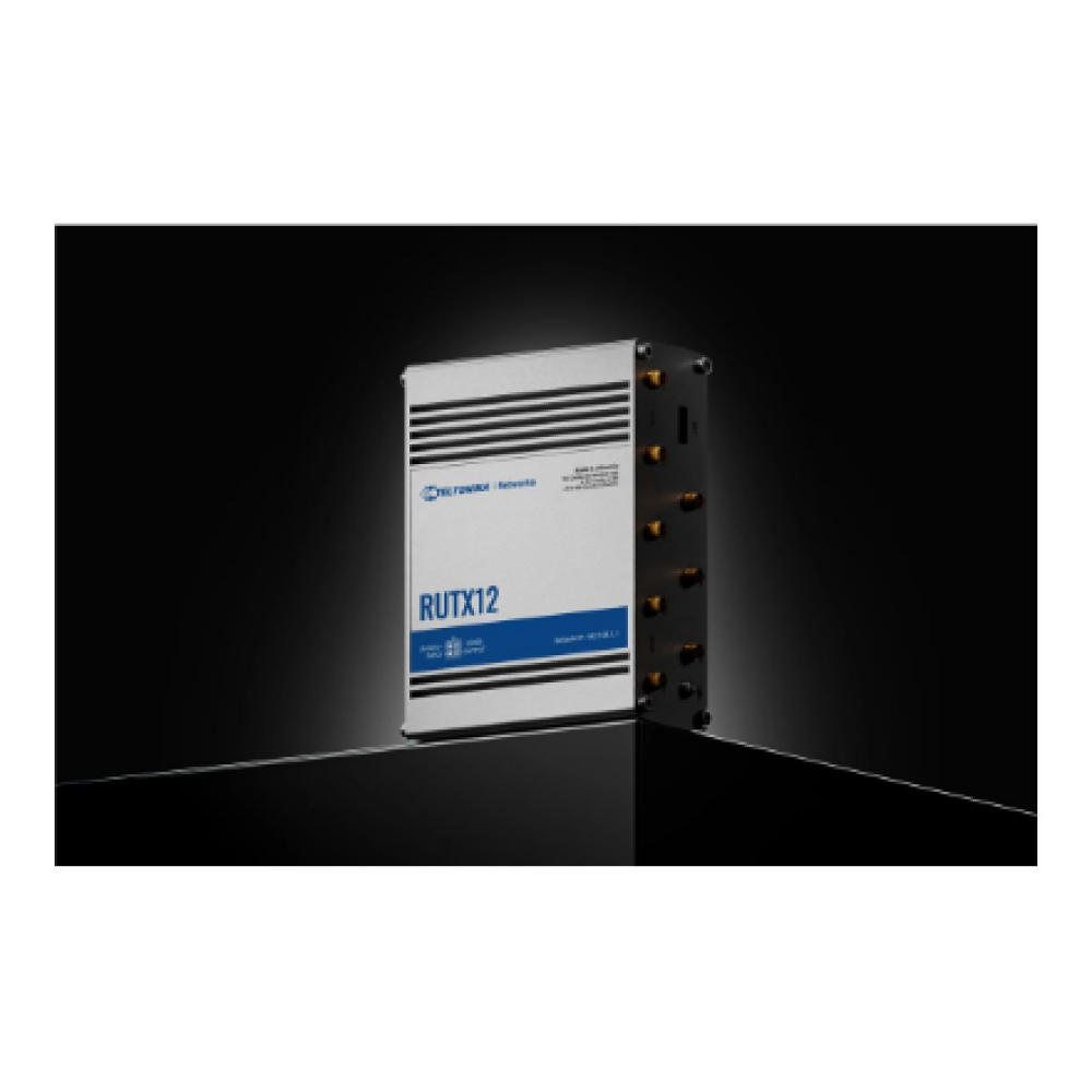 Dual LTE Cat 6 Router , RUTX12 , 802.11ac , 867 Mbit/s , 10/100/1000 Mbit/s , Ethernet LAN (RJ-45) ports 4 , Mesh Support No , MU-MiMO Yes , 4G , Antenna type 4xSMA for LTE, 2xRP-SMA for WiFi, 1xRP-SMA for Bluetooth, 1xSMA for GNNS , 1 x USB A