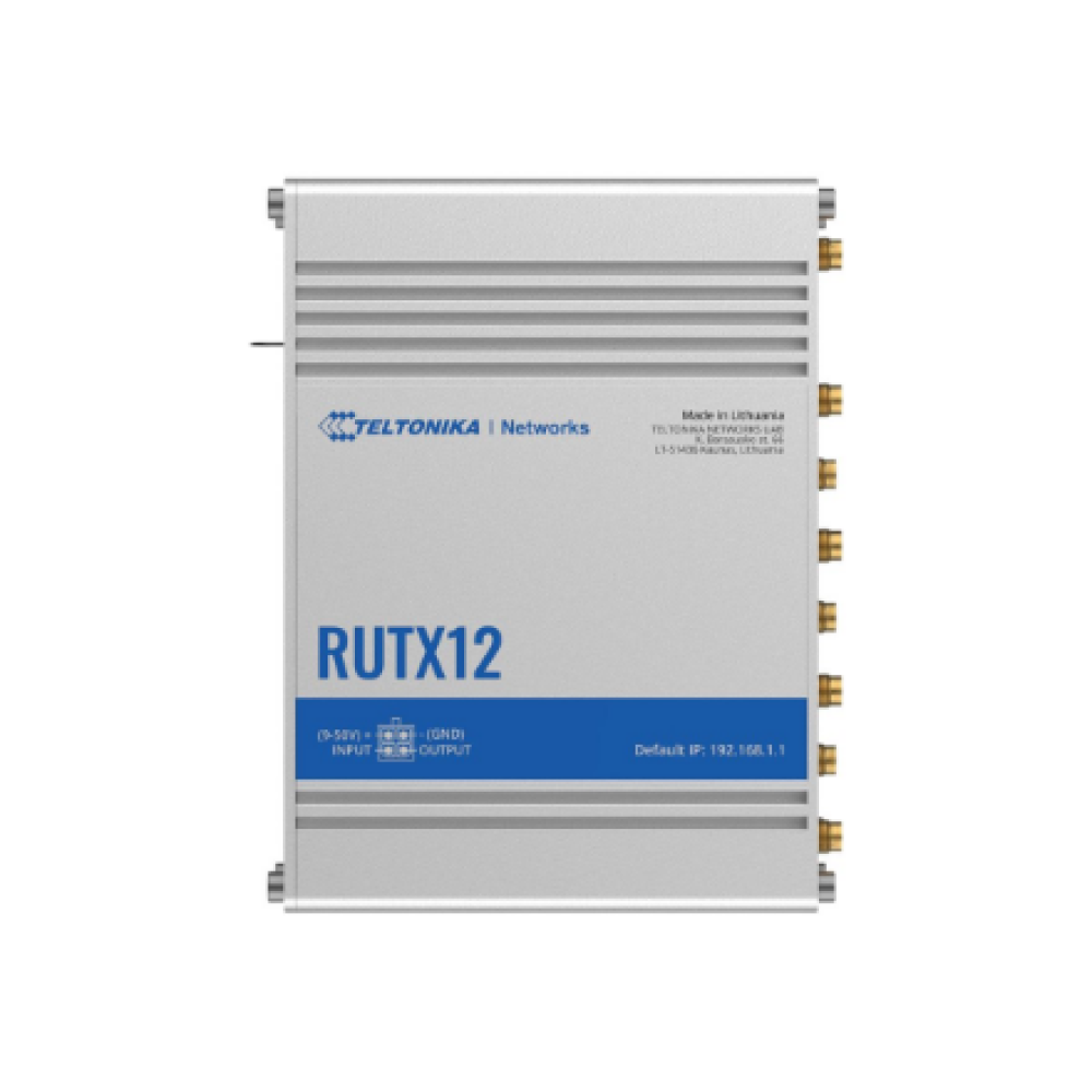 Dual LTE Cat 6 Router , RUTX12 , 802.11ac , 867 Mbit/s , 10/100/1000 Mbit/s , Ethernet LAN (RJ-45) ports 4 , Mesh Support No , MU-MiMO Yes , 4G , Antenna type 4xSMA for LTE, 2xRP-SMA for WiFi, 1xRP-SMA for Bluetooth, 1xSMA for GNNS , 1 x USB A