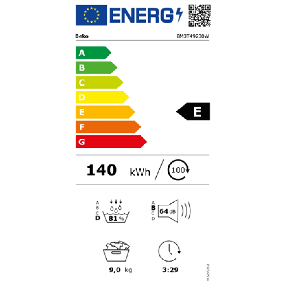 BEKO , Dryer Machine with Heat Pump , BM3T49230W , Energy efficiency class E , Front loading , 9 kg , Digital , Depth 60.7 cm , White