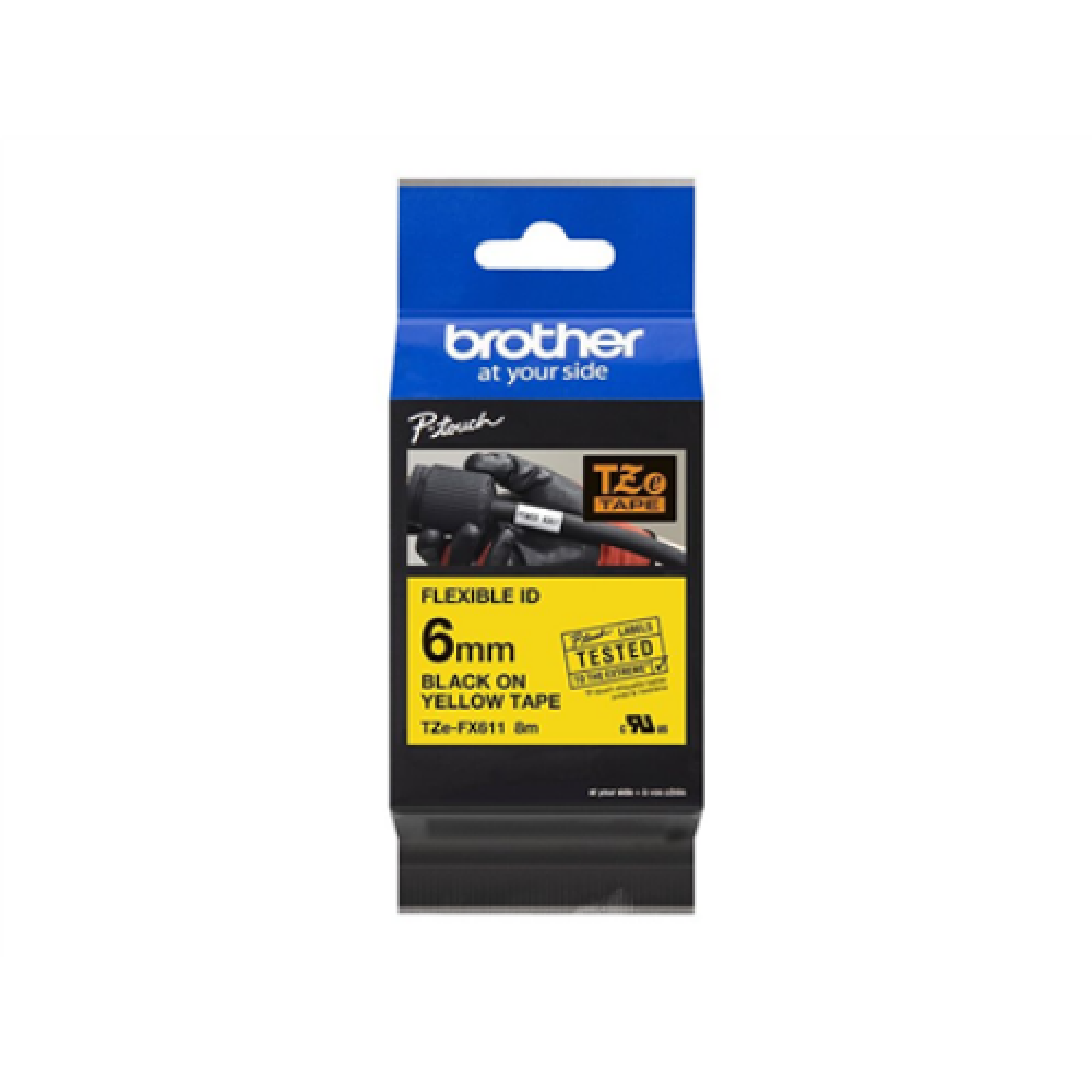 Brother , TZe-FX611 Flexible ID Laminated Tape , Black on Yellow , TZe , 8 m , 6 cm