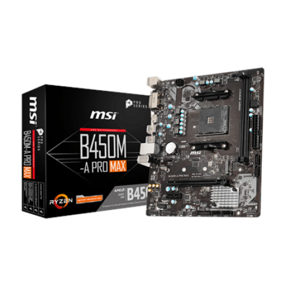 MSI B450M-A PRO MAX Processor family AMD Processor socket AM4 DDR4 DIMM Memory slots 2 Number of SATA connectors 4 Chipset AMD B Micro ATX
