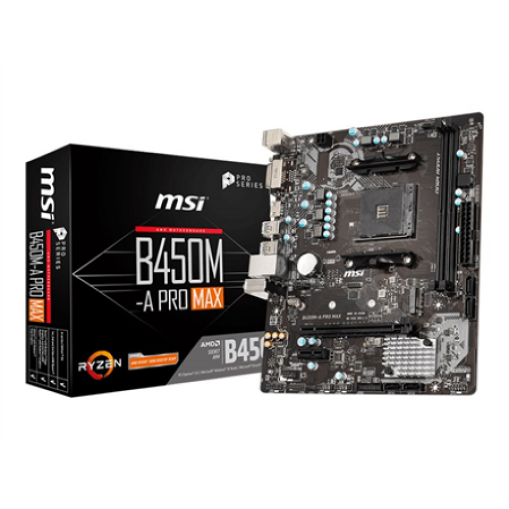 MSI B450M-A PRO MAX Processor family AMD Processor socket AM4 DDR4 DIMM Memory slots 2 Number of SATA connectors 4 Chipset AMD B Micro ATX