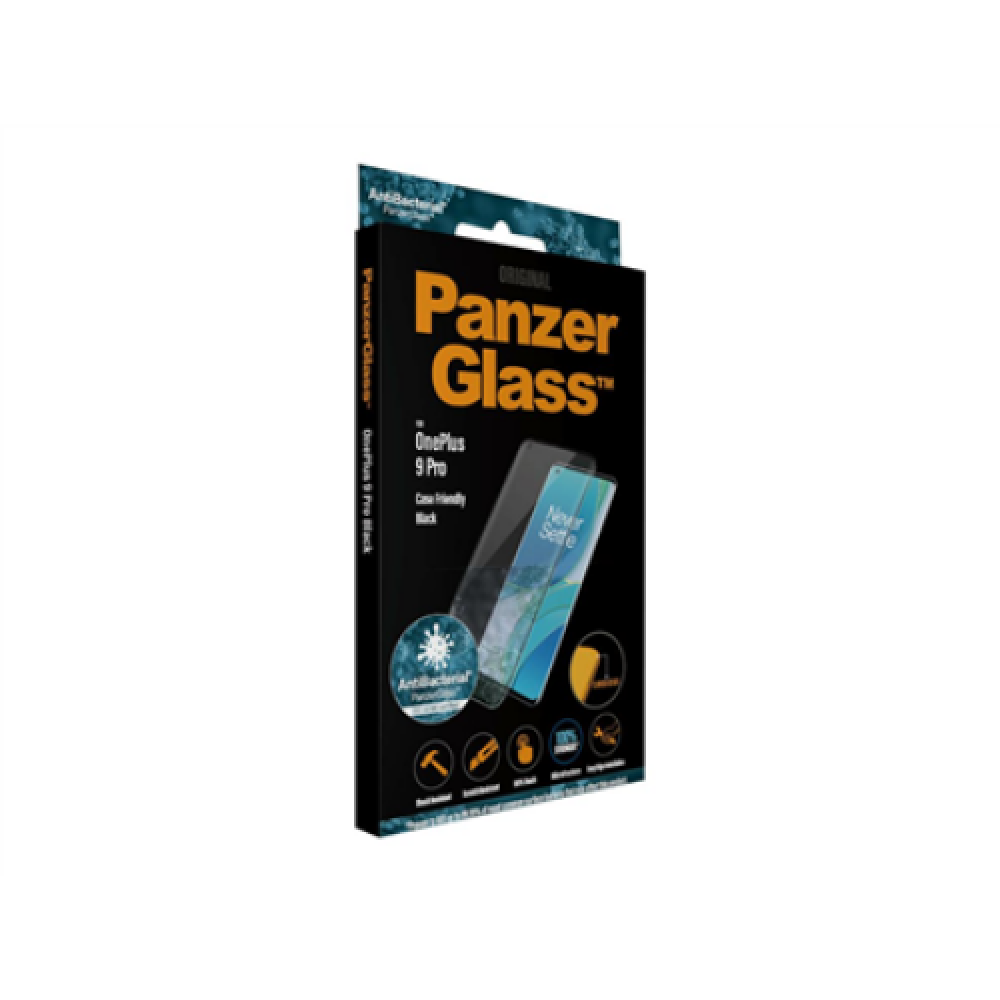 PanzerGlass Screen protector OnePlus 9 Pro Glass Black Case friendly Protects the entire screen; Antibacterial glass; 100% touch; Shock absorbing