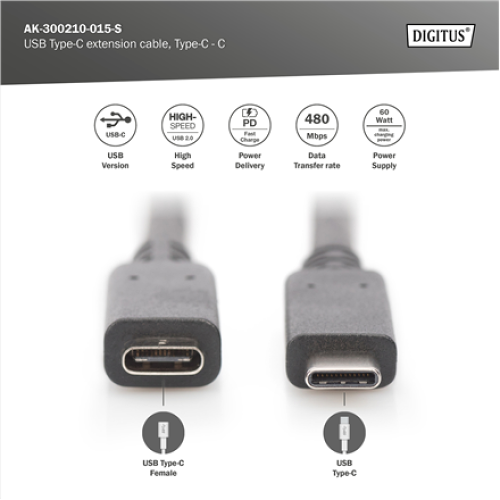 Digitus USB Type-C extension cable, Type-C - C , AK-300210-015-S