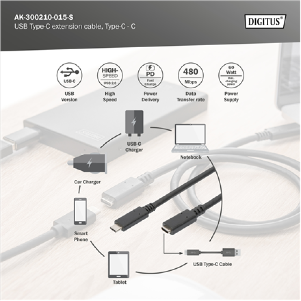 Digitus USB Type-C extension cable, Type-C - C , AK-300210-015-S