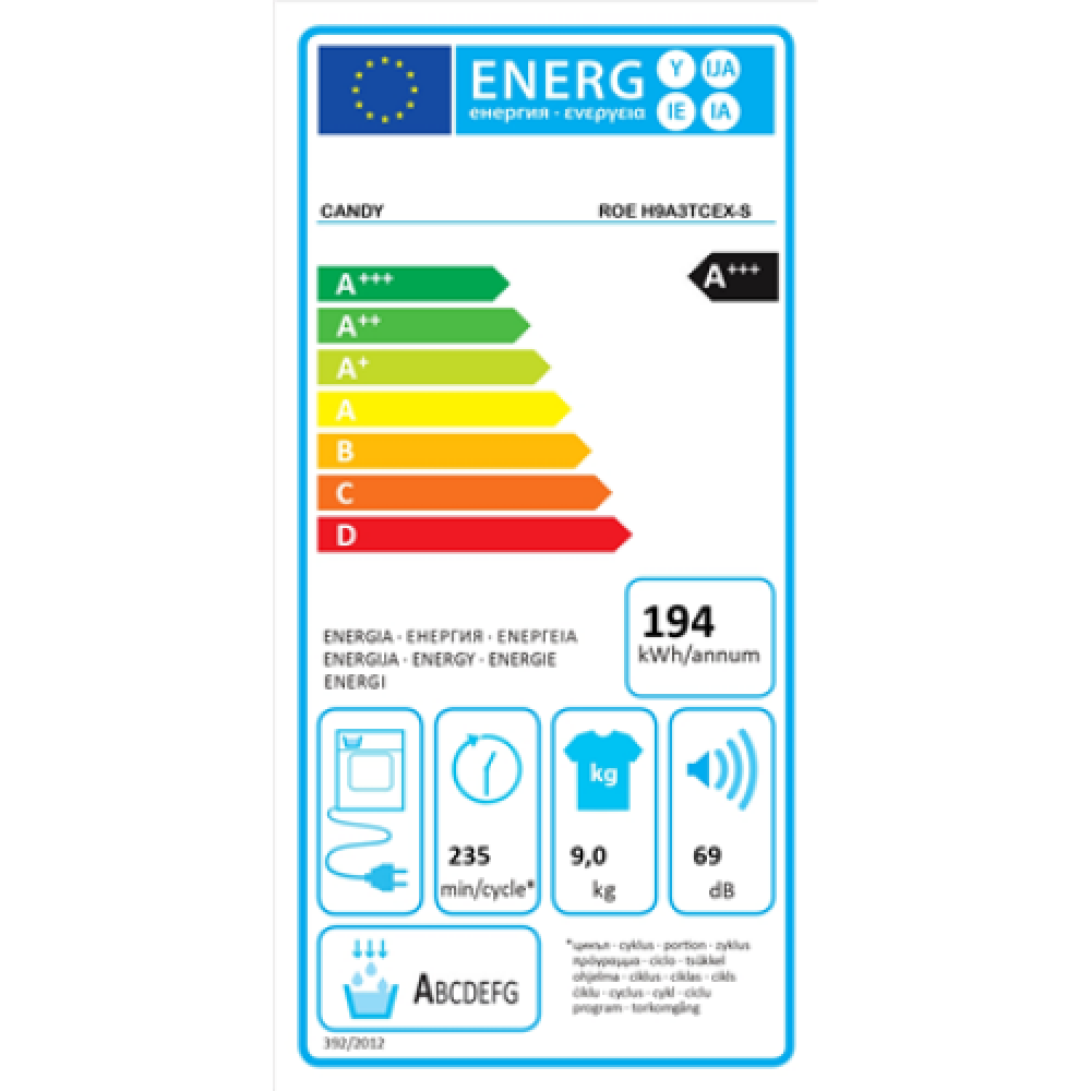 Candy Dryer Machine ROE H9A3TCEX-S Energy efficiency class A+++ Front loading 9 kg Heat pump LCD Depth 61.1 cm Wi-Fi White
