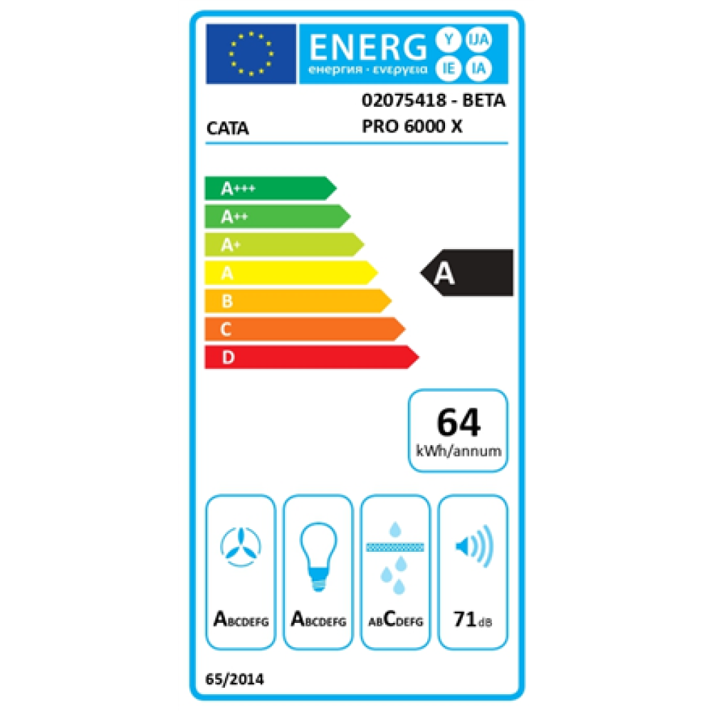 CATA BETA PRO 6000 X , Hood , Wall mounted , Energy efficiency class A , Width 60 cm , 990 m³/h , Mechanical control , LED , Stainless steel