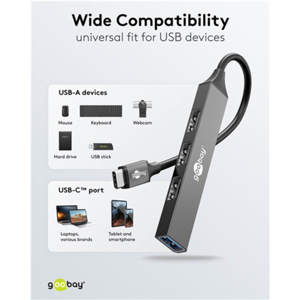 Goobay Slim 4-Port USB Hub, USB-C to USB-A, 5 Gbit/s , 74457
