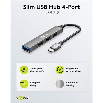Goobay Slim 4-Port USB Hub, USB-C to USB-A, 5 Gbit/s , 74457