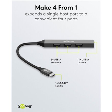 Goobay Slim 4-Port USB Hub, USB-C to USB-A, 5 Gbit/s , 74457