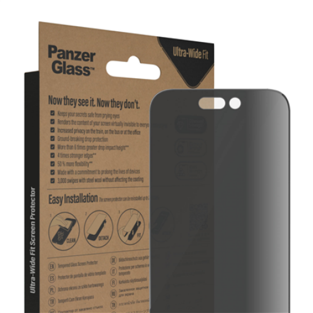 PanzerGlass , Screen protector , Apple , iPhone 14 Pro , Glass , Black , Ultra-Wide Fit , Privacy
