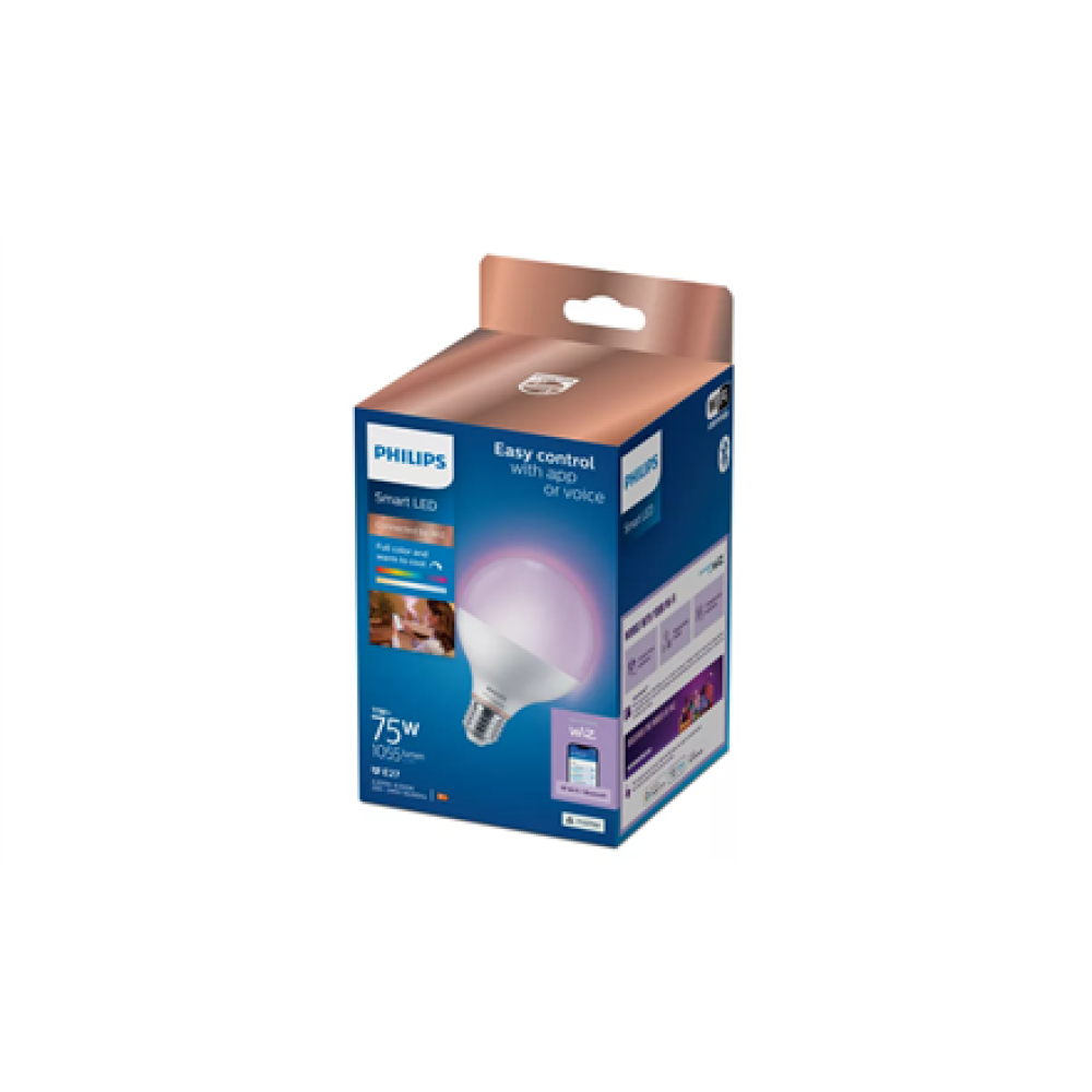 Philips Smart WFB 75W G95 822-65 RGB 1PF/6 , E27 , 11 W , Warm to cool white light , Bluetooth, Wi-Fi