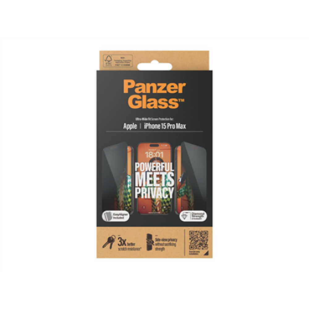 PanzerGlass , Privacy Screen Protector , Apple , iPhone 15 Pro Max , Tempered glass , Black , Ultra-Wide Fit W. Easyaligner