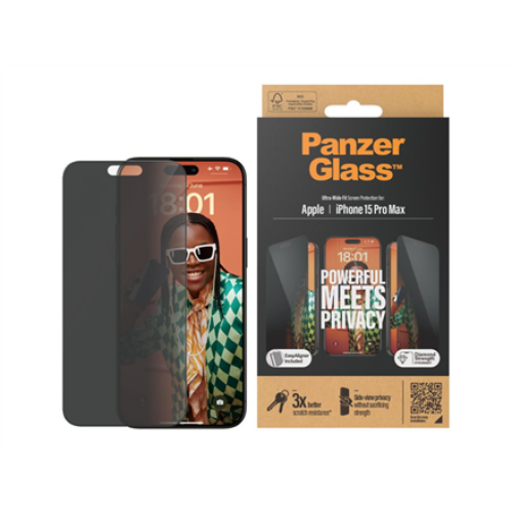 PanzerGlass , Privacy Screen Protector , Apple , iPhone 15 Pro Max , Tempered glass , Black , Ultra-Wide Fit W. Easyaligner