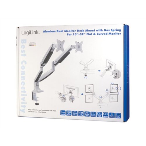 Logilink BP0043 Dual Monitor Desk mount, 13-32,gas spring, aluminum , Logilink