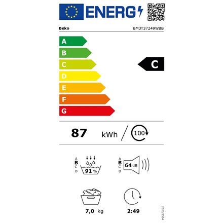BEKO Dryer Machine , BM3T37249WBB , Energy efficiency class C , Front loading , 7 kg , Digital , Depth 54.5 cm , White
