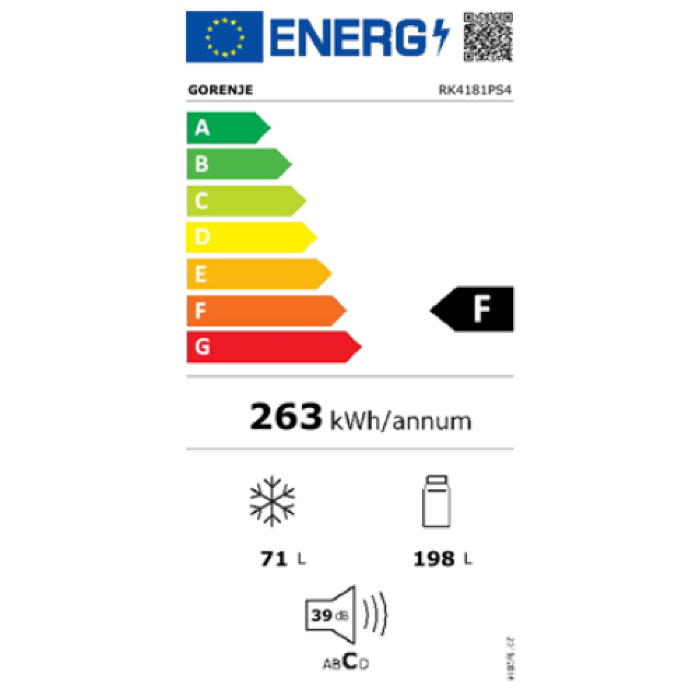 Gorenje Refrigerator RK4181PS4 Energy efficiency class F Combi Free standing Height 180 cm Fridge net capacity 198 L Freezer net capacity 71 L Inox 39 dB