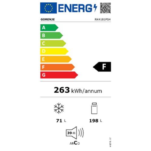 Gorenje Refrigerator RK4181PS4 Energy efficiency class F Combi Free standing Height 180 cm Fridge net capacity 198 L Freezer net capacity 71 L Inox 39 dB