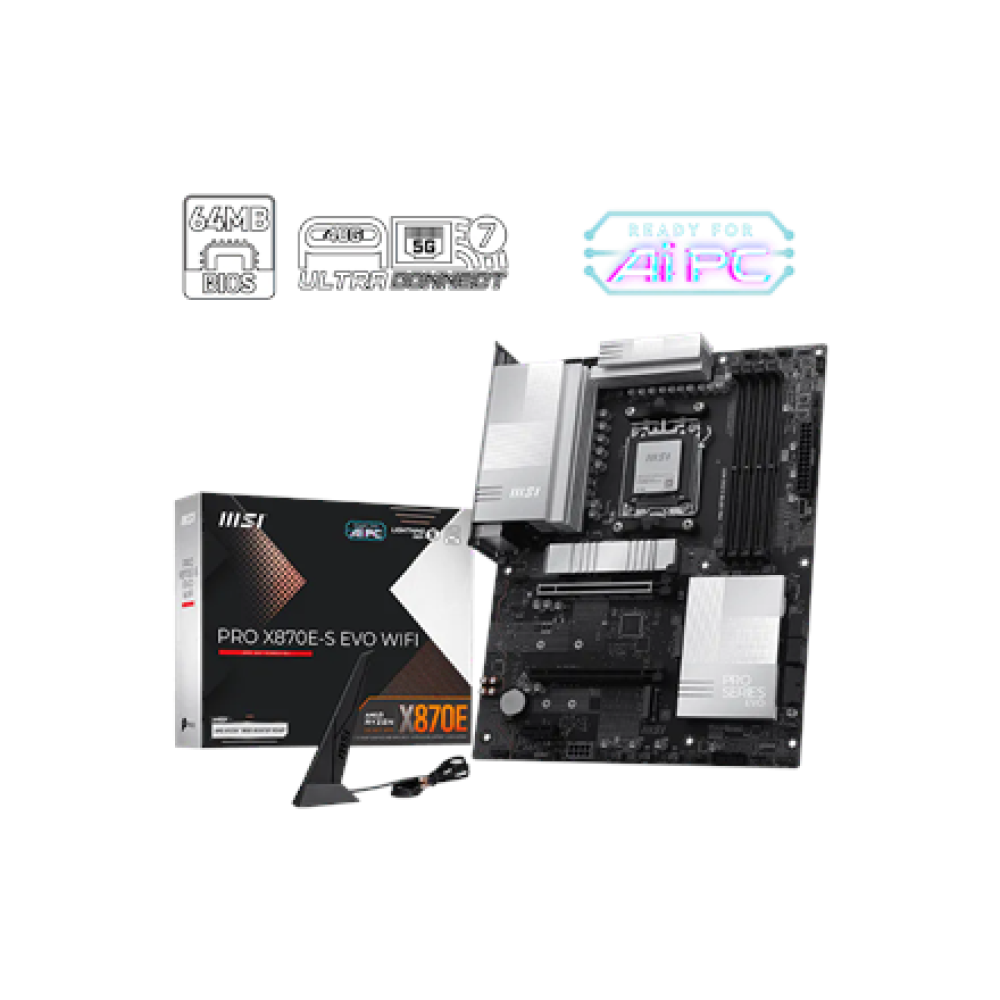 MSI PRO X870E-S EVO WIFI , Processor family AMD , Processor socket AM5 , DDR5 , Supported hard disk drive interfaces SATA, M.2 , Number of SATA connectors 4