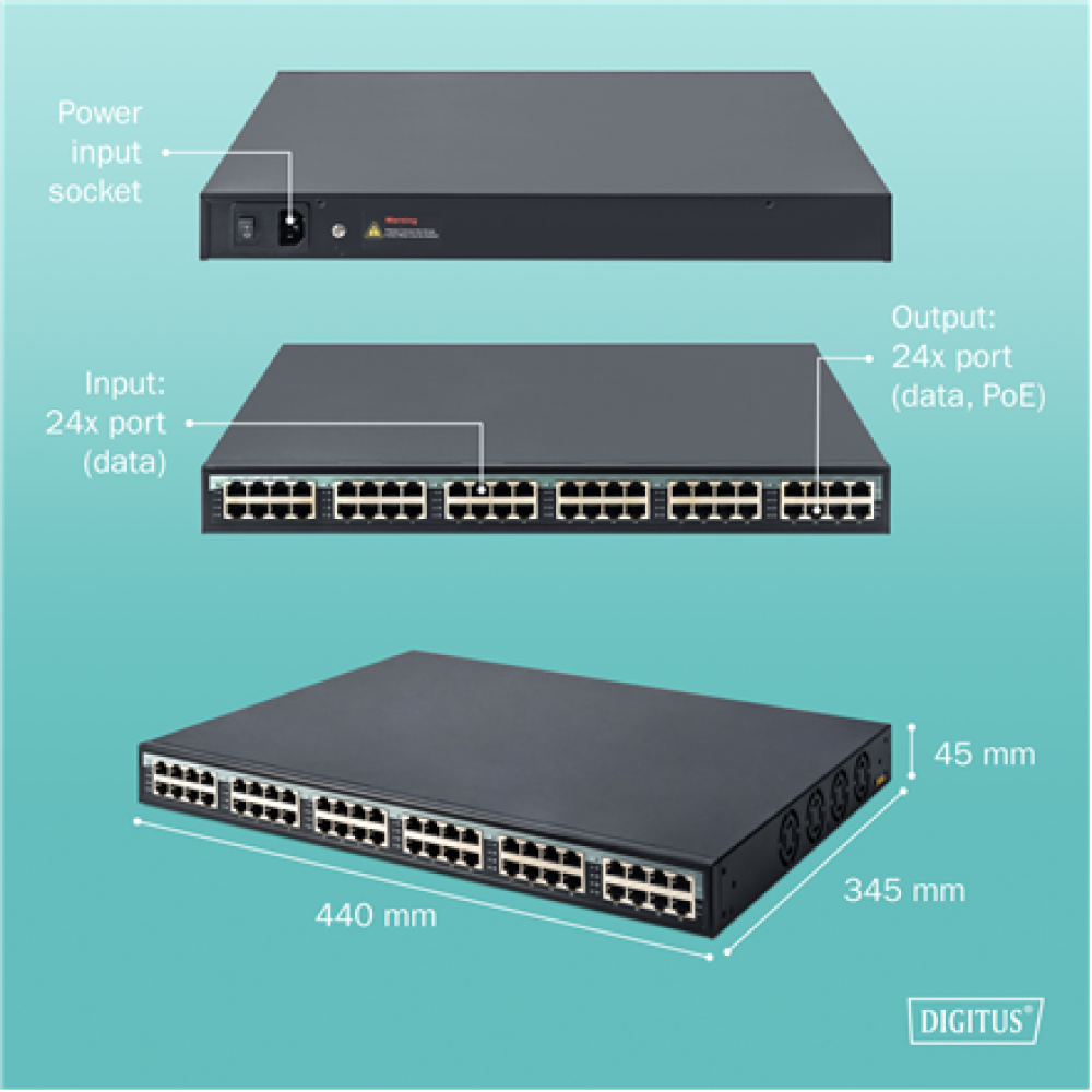 Digitus , 24 Port 10G Ethernet PoE+ Injector, 802.3at, 370 W , DN-95117