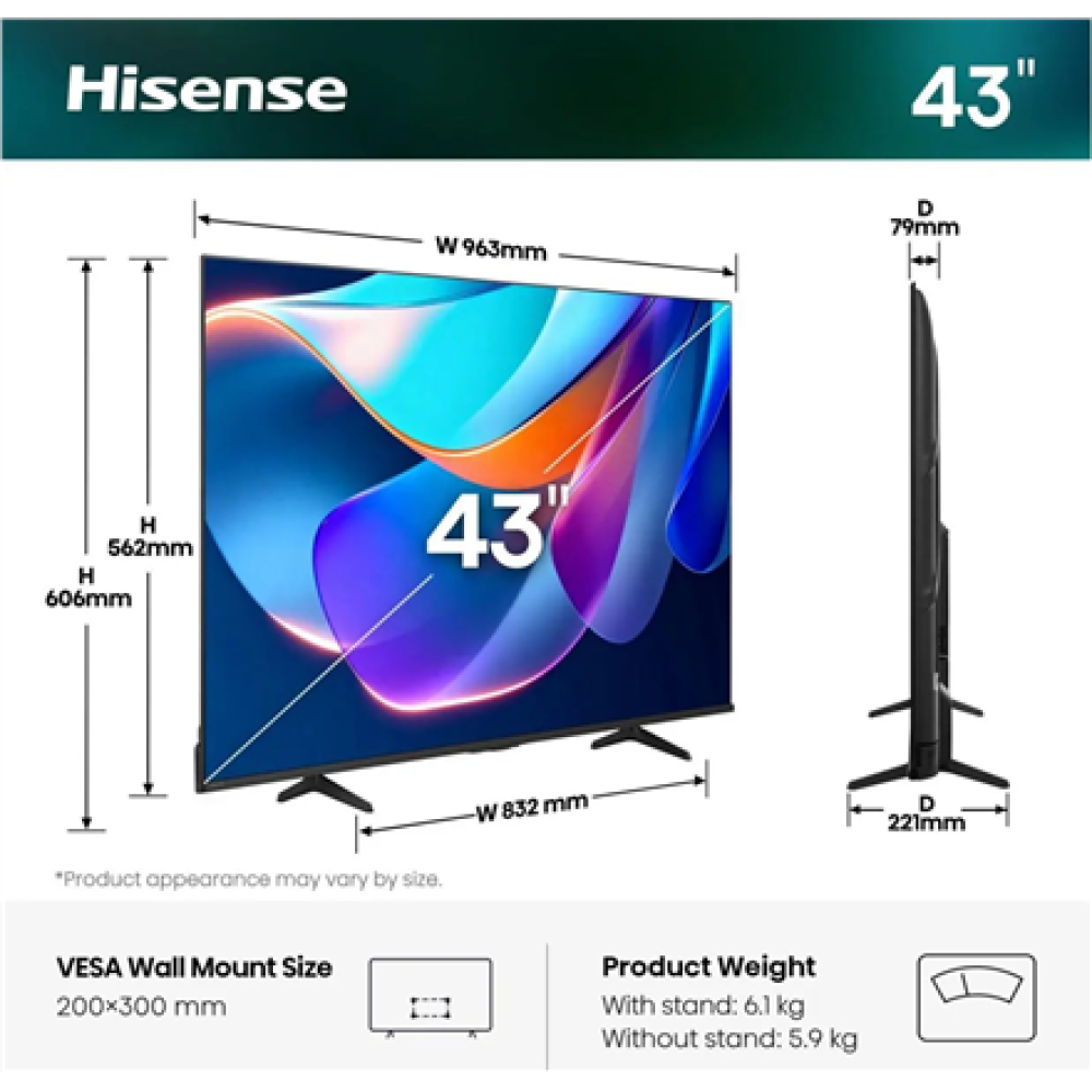 Hisense TV , 43A6S , 43 , Smart TV , VIDAA OS , UHD , Black