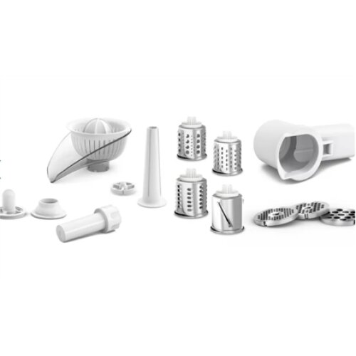 Bosch , Meat mincer , MFW3850B , White , 1800 W , Number of speeds 2 , Throughput (kg/min) 2 , Shredder with 4 drums for: slicing, potato grating, coarse grating and fine grating; Citrus press; Discs: 2,7 / 4 / 8; Sausage horn; Kebbe