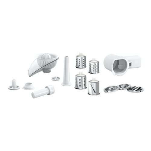 Bosch , Meat mincer , MFW3850B , White , 1800 W , Number of speeds 2 , Throughput (kg/min) 2 , Shredder with 4 drums for: slicing, potato grating, coarse grating and fine grating; Citrus press; Discs: 2,7 / 4 / 8; Sausage horn; Kebbe