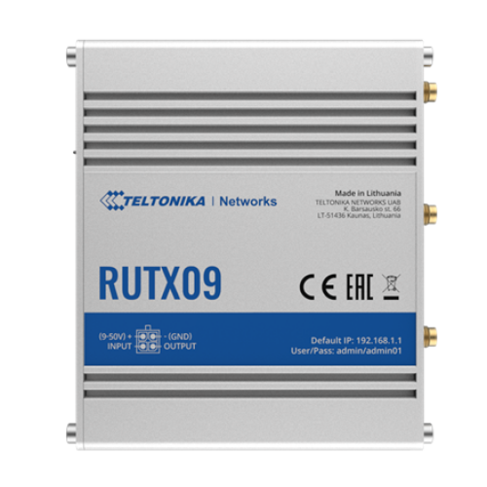 Rugged Industrial LTE-A Cat6 Router , RUTX09 , No Wi-Fi , 10/100/1000 Mbit/s , Ethernet LAN (RJ-45) ports 4 , Mesh Support No , MU-MiMO No , 2G/3G/4G