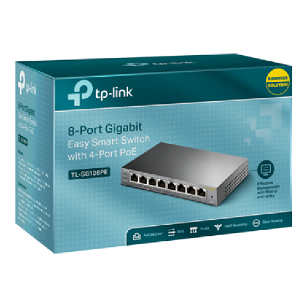 TP-LINK , Smart Switch , TL-SG108PE , Web Managed , Desktop , Gigabit Ethernet (copper) ports quantity 4 , PoE+ ports quantity 4 , Power supply type External , 36 month(s)
