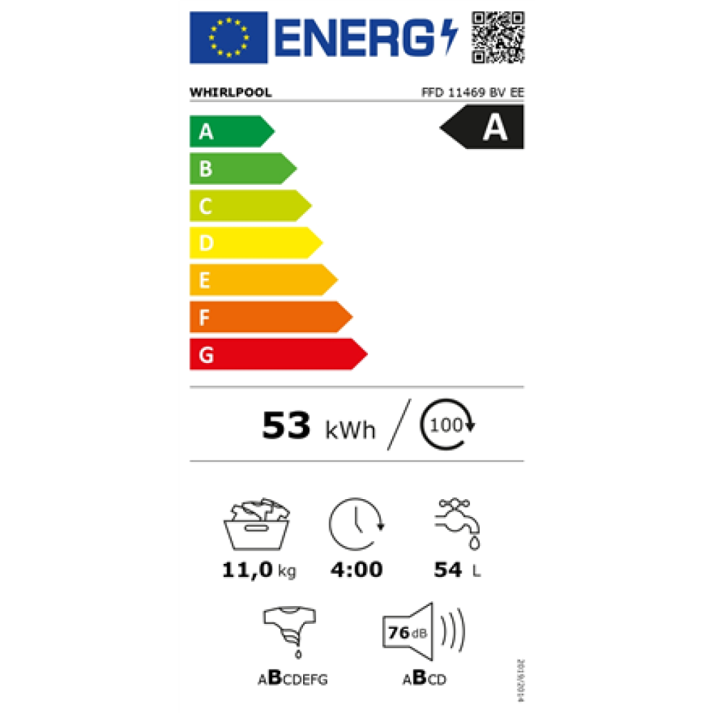 Whirlpool Washing machine , FFD 11469 BV EE , Energy efficiency class A , Front loading , Washing capacity 11 kg , 1400 RPM , Depth 60.5 cm , Width 59.5 cm , Display , LCD , Steam function , White