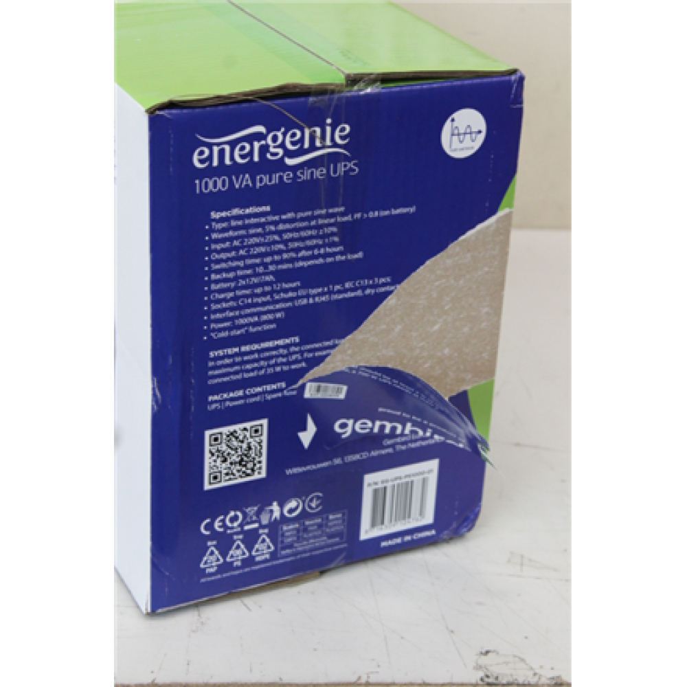 SALE OUT. Energenie EG-UPS-PS1000-01 1000VA pure sine wave UPS, LCD display, USB, black , EnerGenie Pure sine wave UPS with LCD display and USB , EG-UPS-PS1000-01 , 1000 VA , 800 W , DAMAGED PACKAGING