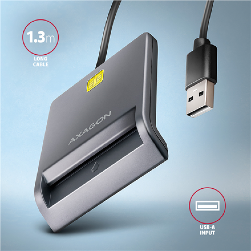 AXAGON Compact desktop USB contact Smart card/ID card reader with long USB-A cable , CRE-SM3T