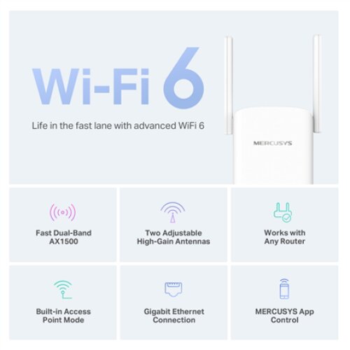 Mercusys AX1500 Wi-Fi 6 Range Extender , ME60X , 802.11ax , 1201 Mbit/s , Ethernet LAN (RJ-45) ports 1 , MU-MiMO No , no PoE , Antenna type 2xExternal