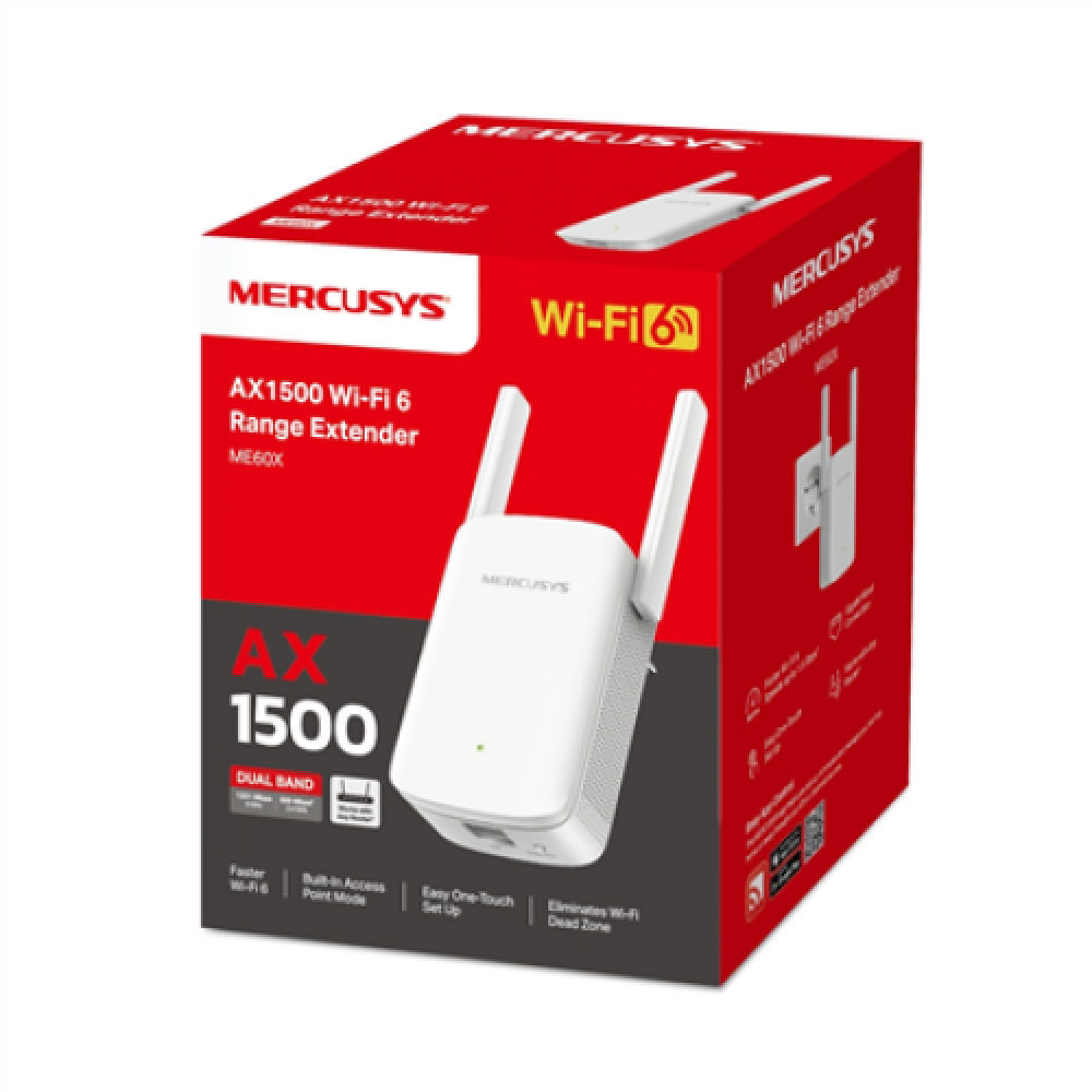 Mercusys AX1500 Wi-Fi 6 Range Extender , ME60X , 802.11ax , 1201 Mbit/s , Ethernet LAN (RJ-45) ports 1 , MU-MiMO No , no PoE , Antenna type 2xExternal
