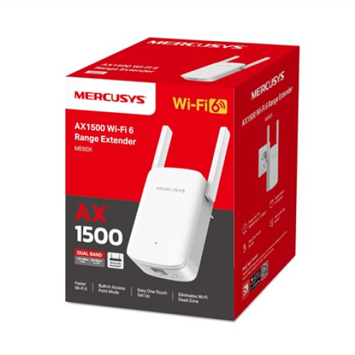 Mercusys AX1500 Wi-Fi 6 Range Extender , ME60X , 802.11ax , 1201 Mbit/s , Ethernet LAN (RJ-45) ports 1 , MU-MiMO No , no PoE , Antenna type 2xExternal