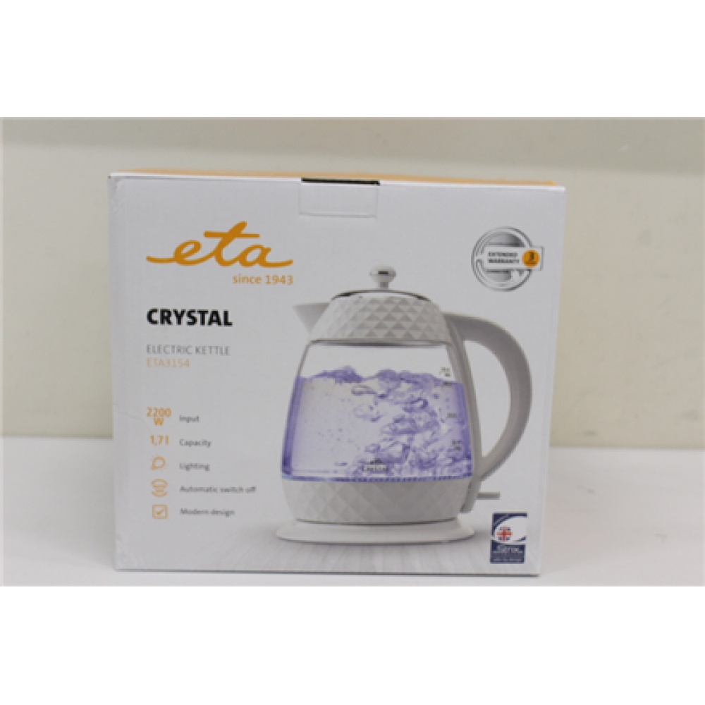SALE OUT. ETA ETA315490010 Crystal Kettle, 1,7L, Glass/White , ETA , Crystal Kettle , ETA315490010 , Electric , 2200 W , 1.7 L , Glass , 360° rotational base , Glass/White , DAMAGED PACKAGING