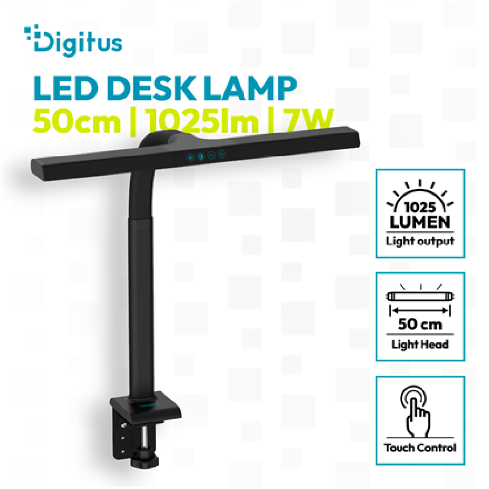 Digitus LED Desk Lamp, 50 cm, Black , DA-90490 , 1025 lm , 7 W , 3000-6500 K , Warm to cold white light , LED lamp , 10 V
