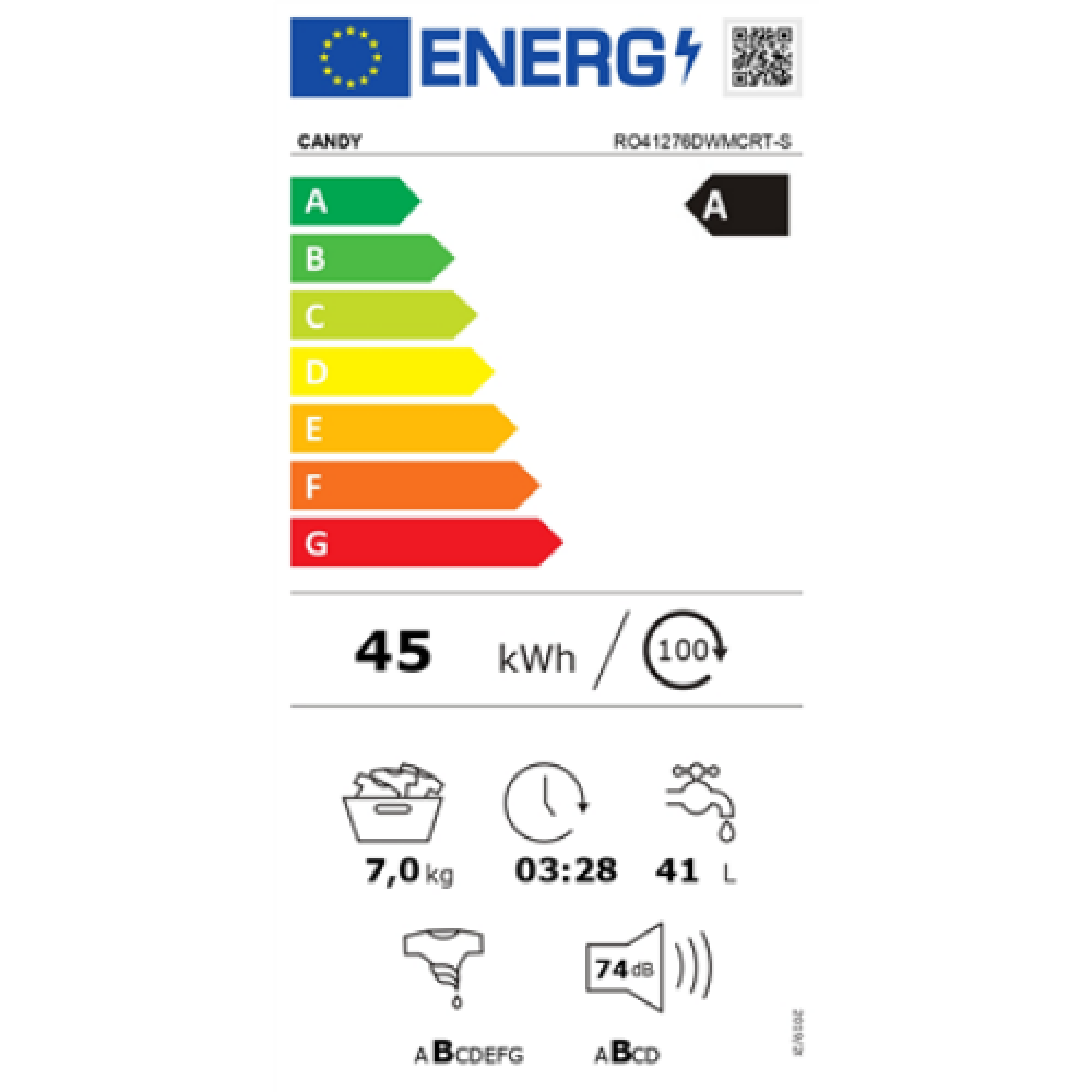 Candy , Washing Machine , RO41276DWMCRT-S , Energy efficiency class A , Front loading , Washing capacity 7 kg , 1200 RPM , Depth 45 cm , Width 60 cm , Display , TFT , Steam function , Wi-Fi , Anthracite
