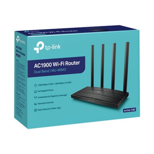 TP-LINK , AC1900 Wireless MU-MIMO Wi-Fi 5 Router , Archer C80 , 802.11ac , 1300+600 Mbit/s , 10/100/1000 Mbit/s , Mesh Support No , MU-MiMO Yes , No mobile broadband , Antenna type 4xFixed