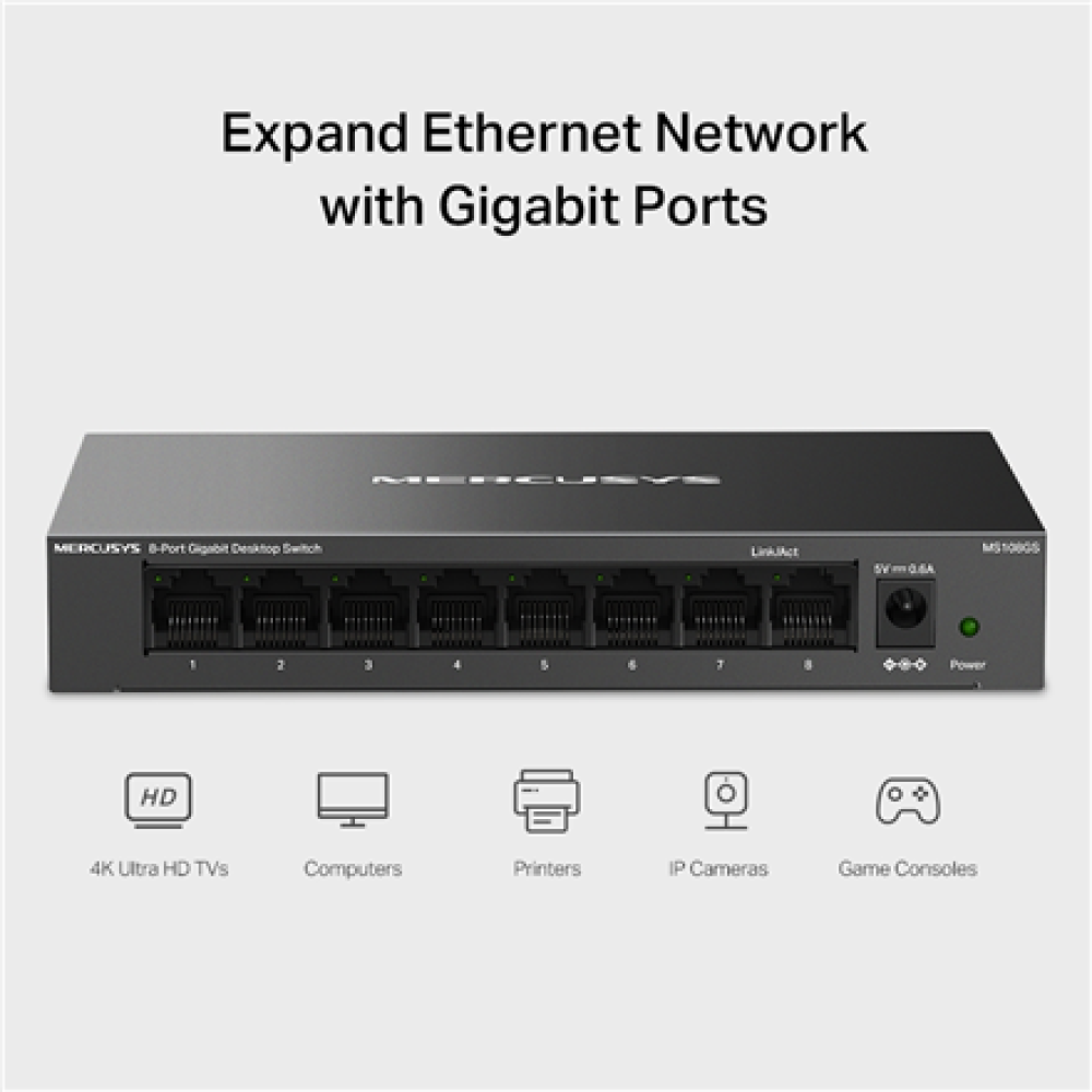 Mercusys 8-Port Gigabit Desktop Switch , MS108GS , Unmanaged , Desktop , Gigabit Ethernet (copper) ports quantity 8