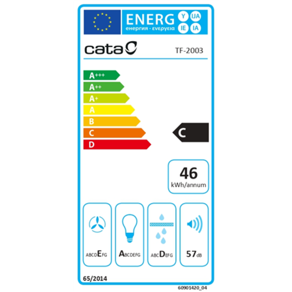 CATA , Hood , TF 2003 Duralum 600 , Telescopic , Energy efficiency class C , Width 60 cm , 390 m³/h , Mechanical control , LED , Stainless steel