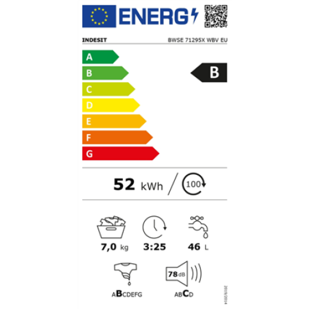 INDESIT , Washing machine , BWSE 71295X WBV EU , Energy efficiency class B , Front loading , Washing capacity 7 kg , 1200 RPM , Depth 43.5 cm , Width 59.5 cm , Display , Big Digit , White