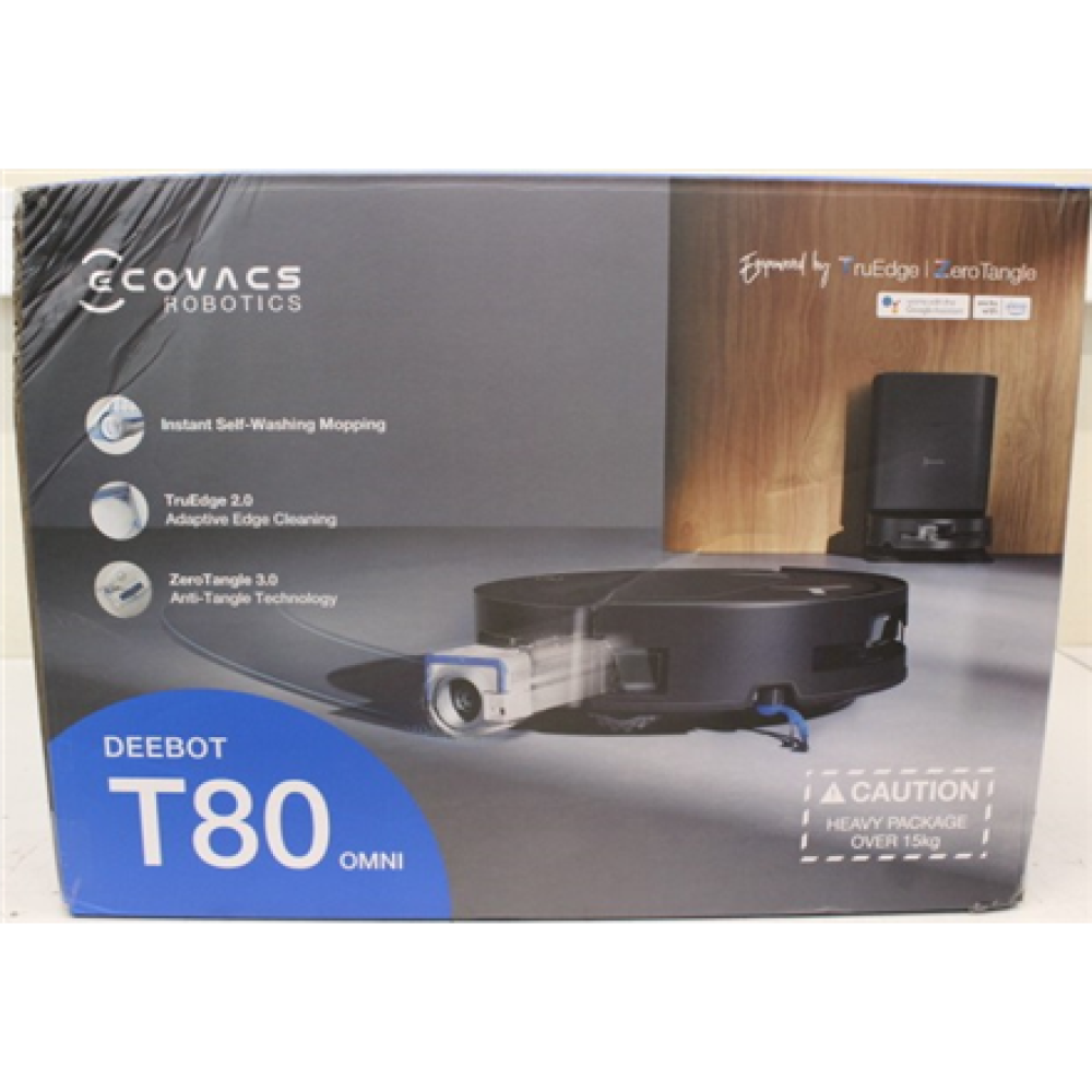 SALE OUT. Ecovacs DEEBOT T80 OMNI Vacuum cleaner, Robot, Wet&Dry, 18000Pa, TruEdge 2.0, ZeroTangle 3.0, Carpet Care, Black + Auto-empty stat , Ecovacs Robotic Vacuum Cleaner , DEEBOT T80 OMNI , Wet&Dry , Li-ion , 6400 mAh , Dust capacity 0.22 L , 