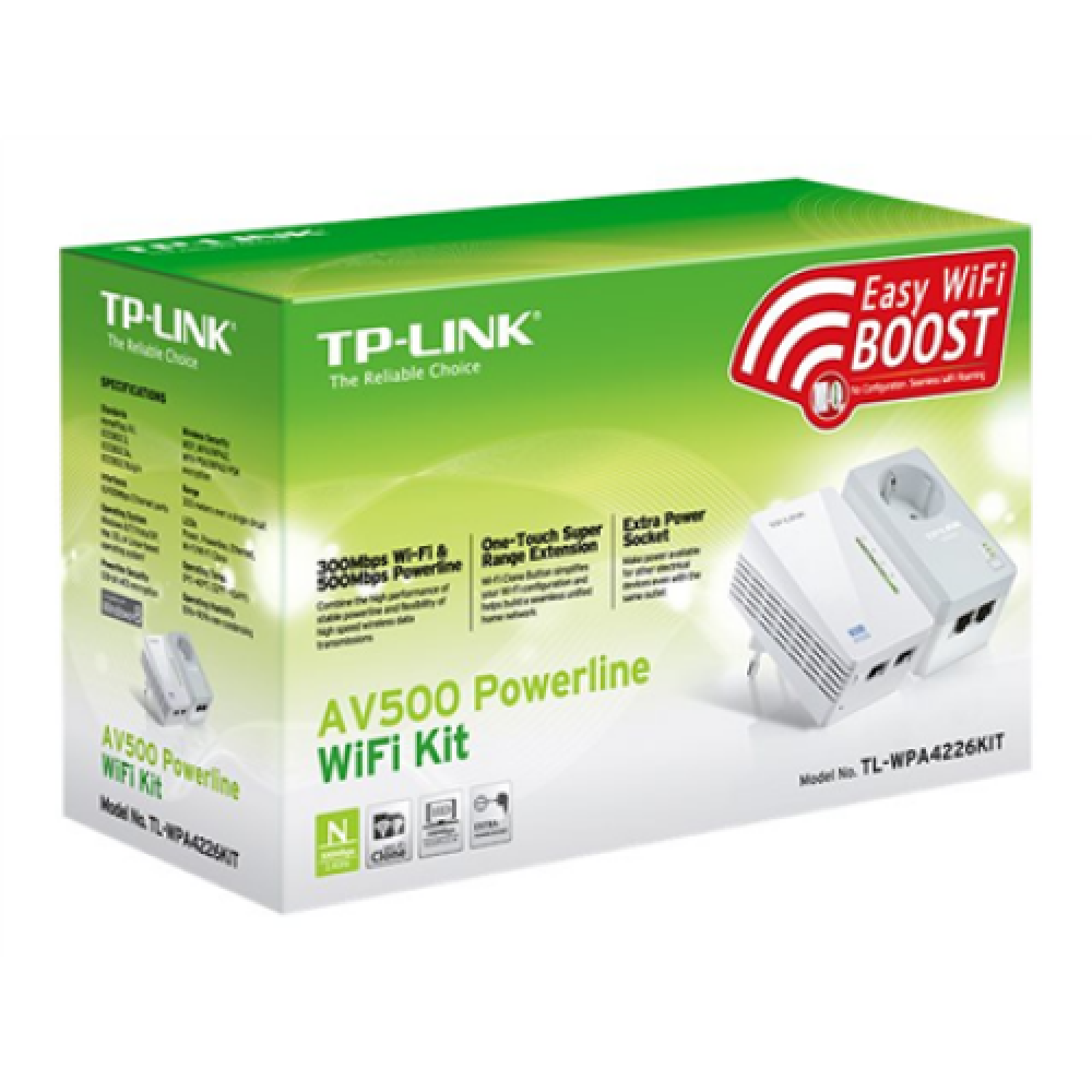 TP-LINK , AV600 Powerline Wi-Fi Kit , TL-WPA4226 KIT , 10/100 Mbit/s , Ethernet LAN (RJ-45) ports 4 , 802.11n , Wi-Fi data rate (max) 300 Mbit/s , Data transfer rate (max) 600 Mbit/s , Extra socket