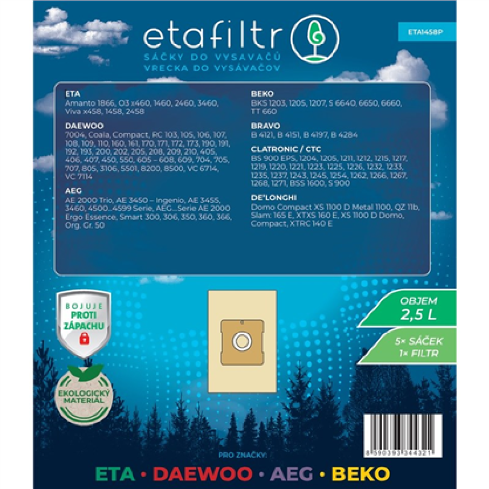 ETA Dust bags for ETA, Daewoo, AEG and Beko vacuum cleaners , ETA1458P , 5 pc(s) , Brown