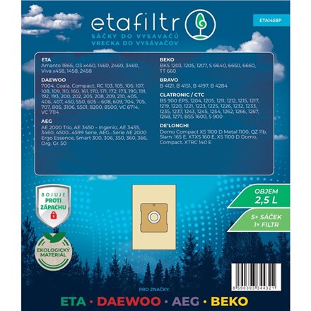 ETA Dust bags for ETA, Daewoo, AEG and Beko vacuum cleaners , ETA1458P , 5 pc(s) , Brown