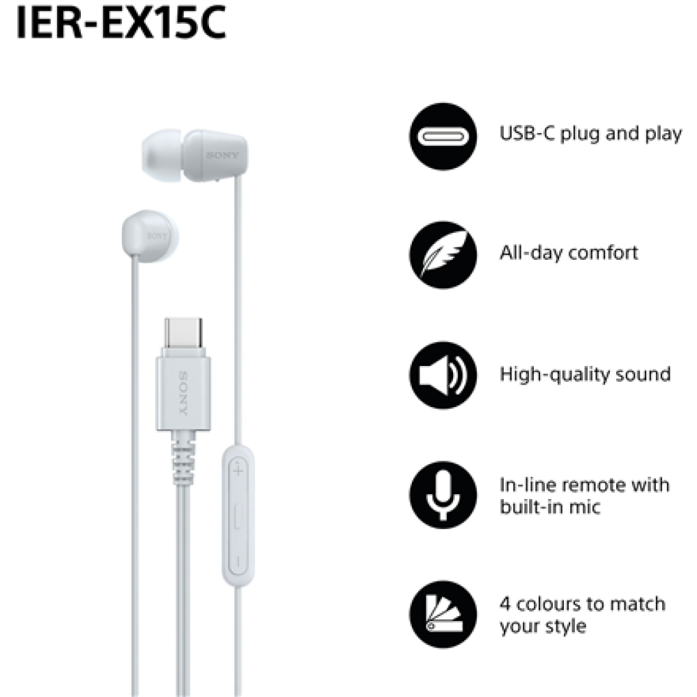 Sony Earbuds , IER‑EX15C , Wired , In-ear , Microphone , White